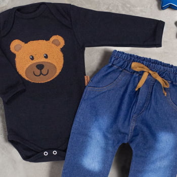 Conjunto Bebê Urso Charmoso Body Preto Bordado E Calça Jeans
