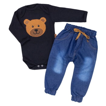 Conjunto Bebê Urso Charmoso Body Preto Bordado E Calça Jeans