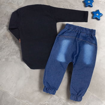 Conjunto Bebê Urso Charmoso Body Preto Bordado E Calça Jeans
