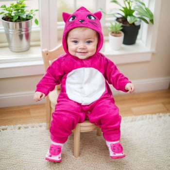 Conjunto De Macacão Temático Gatinha Em Plush Com Pantufas 3d - Pink