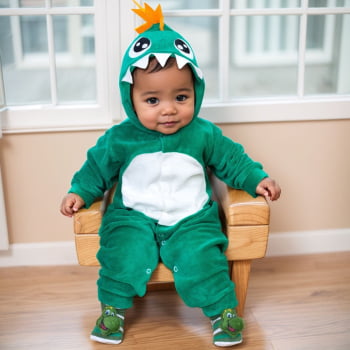 Conjunto Dino: Macacão Plush Com Capuz Bordado E Pantufa 3d Interativa