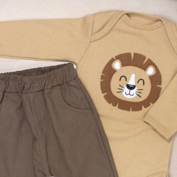 Conjunto Leão Para Bebê: Body Avelã E Calça Ecolinho