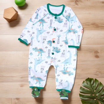 Conjunto Macacão E Pantufa Dino - Conforto Para Bebê