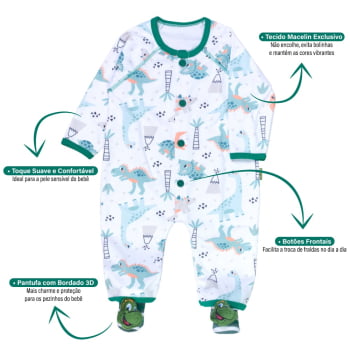 Conjunto Macacão E Pantufa Dino - Conforto Para Bebê