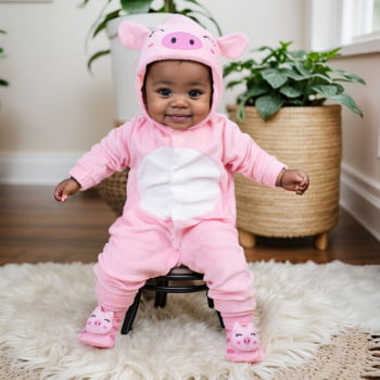 Conjunto Macacão Temático Porquinha Plush Capuz E Pantufa 3d Interativo