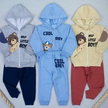 Conjunto Moletom Bebê Menino Com Capuz Zíper Estampado