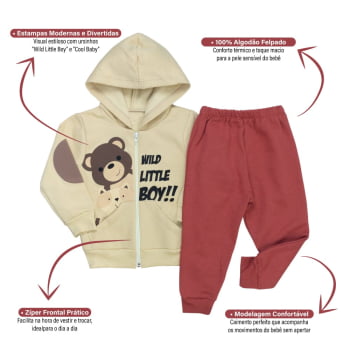 Conjunto Moletom Bebê Menino Com Capuz Zíper Estampado