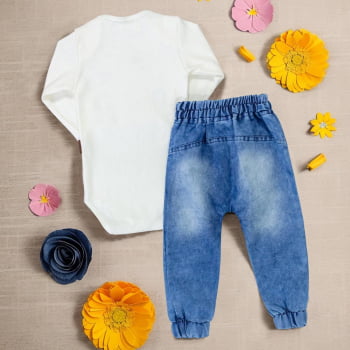 Conjunto Para Bebê Body Bordado E Calça Jeans - Raposa Creme