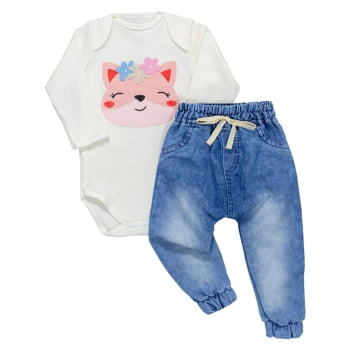 Conjunto Para Bebê Body Bordado E Calça Jeans - Raposa Creme