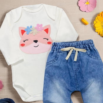 Conjunto Para Bebê Body Bordado E Calça Jeans - Raposa Creme