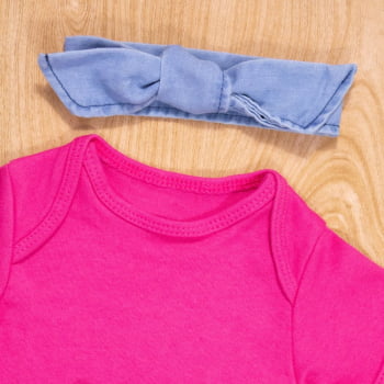 Conjunto Para Bebê Body Curto E Calça Jeans Com Faixinha Pink