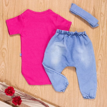 Conjunto Para Bebê Body Curto E Calça Jeans Com Faixinha Pink