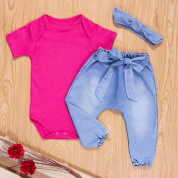 Conjunto Para Bebê Body Curto E Calça Jeans Com Faixinha Pink