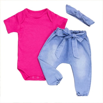 Conjunto Para Bebê Body Curto E Calça Jeans Com Faixinha Pink