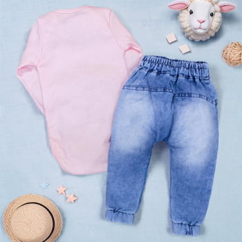 Conjunto Para Bebê Body E Calça Jeans Bordado Ovelha Rosa Claro