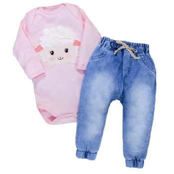 Conjunto Para Bebê Body E Calça Jeans Bordado Ovelha Rosa Claro