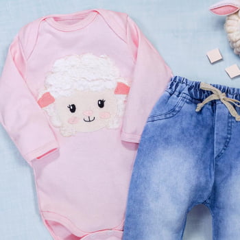 Conjunto Para Bebê Body E Calça Jeans Bordado Ovelha Rosa Claro