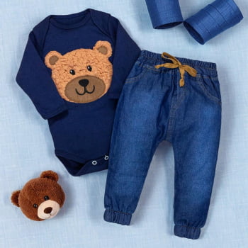 Conjunto Para Bebê Body E Calça Jeans Bordado Urso Marinho