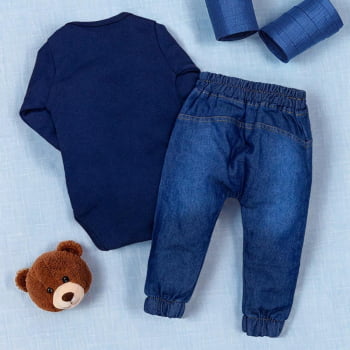 Conjunto Para Bebê Body E Calça Jeans Bordado Urso Marinho