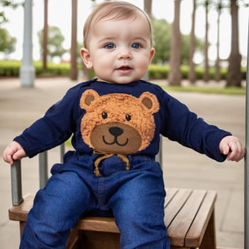 Conjunto Para Bebê Body E Calça Jeans Bordado Urso Marinho