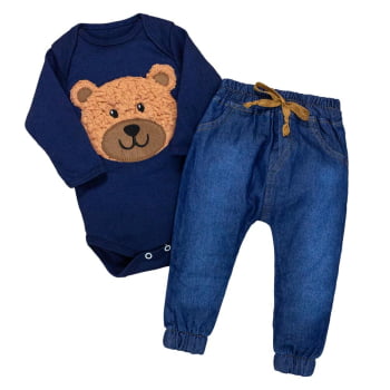 Conjunto Para Bebê Body E Calça Jeans Bordado Urso Marinho