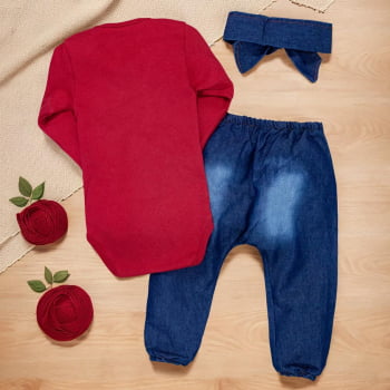 Conjunto Para Bebê Body E Calça Jeans Com Faixinha Vermelho