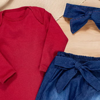 Conjunto Para Bebê Body E Calça Jeans Com Faixinha Vermelho