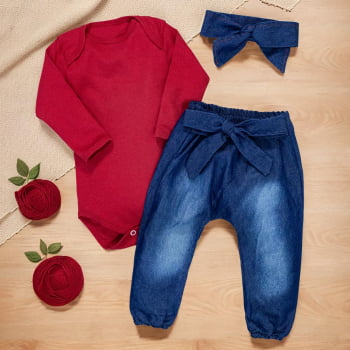 Conjunto Para Bebê Body E Calça Jeans Com Faixinha Vermelho