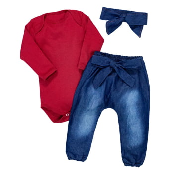 Conjunto Para Bebê Body E Calça Jeans Com Faixinha Vermelho