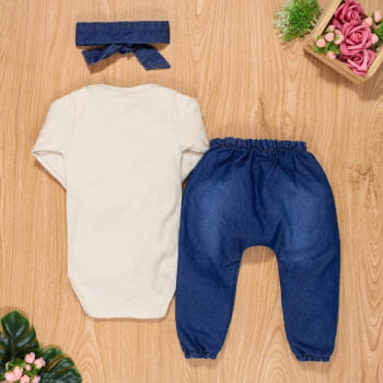 Conjunto Para Bebê Body Longo E Calça Jeans Com Faixinha Creme