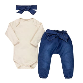 Conjunto Para Bebê Body Longo E Calça Jeans Com Faixinha Creme
