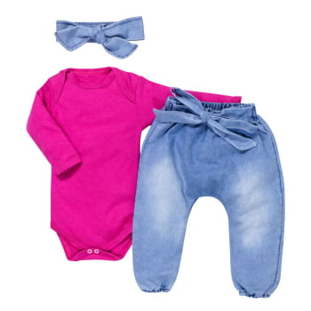 Conjunto Para Bebê Body Longo E Calça Jeans Com Faixinha Pink