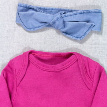 Conjunto Para Bebê Body Longo E Calça Jeans Com Faixinha Pink