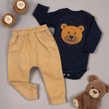 Conjunto Para Bebê Menino: Body Urso Preto E Calça Ecolinho
