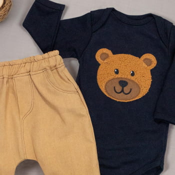 Conjunto Para Bebê Menino: Body Urso Preto E Calça Ecolinho