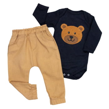 Conjunto Para Bebê Menino: Body Urso Preto E Calça Ecolinho