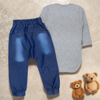 Conjunto Para Bebê Urso Body Bordado Mescla E Calça Jeans