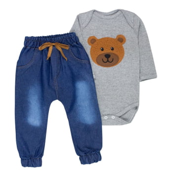 Conjunto Para Bebê Urso Body Bordado Mescla E Calça Jeans