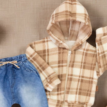 Conjunto Para Bebê Xadrez Bege Com Casaquinho E Calça