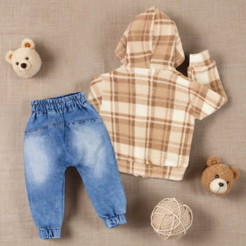 Conjunto Para Bebê Xadrez Bege Com Casaquinho E Calça