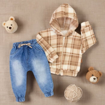 Conjunto Para Bebê Xadrez Bege Com Casaquinho E Calça