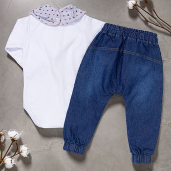 Conjunto Para Bebês Com Body, Calça Jeans E Bandana Cinza