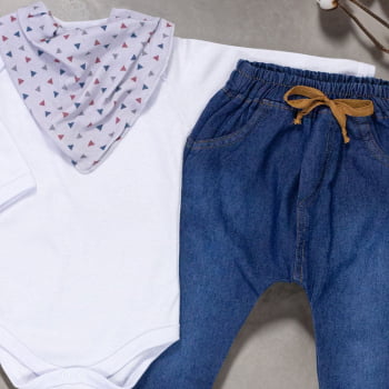 Conjunto Para Bebês Com Body, Calça Jeans E Bandana Cinza