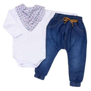 Conjunto Para Bebês Com Body, Calça Jeans E Bandana Cinza