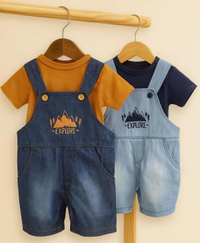 Jardineira Jeans Baby Bordada Com Body Para Aventuras De Verão