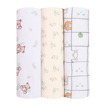 Kit 3 Cueiros Flanelado Bebê Com Estampas Encantadoras