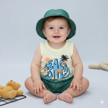 Kit Verão Bebê Regata Estampada, Bermuda E Chapéu Bucket