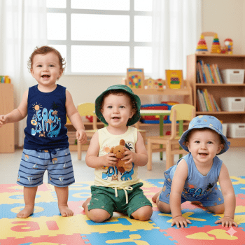 Kit Verão Bebê Regata Estampada, Bermuda E Chapéu Bucket