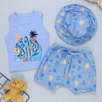 Kit Verão Bebê Regata Estampada, Bermuda E Chapéu Bucket