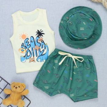 Kit Verão Bebê Regata Estampada, Bermuda E Chapéu Bucket